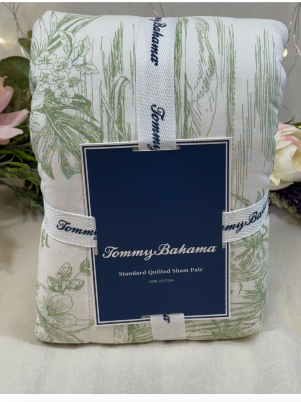 Tommy Bahama Standard Quilted Shams Beach Bluff Toile Tropical Green Set of 2